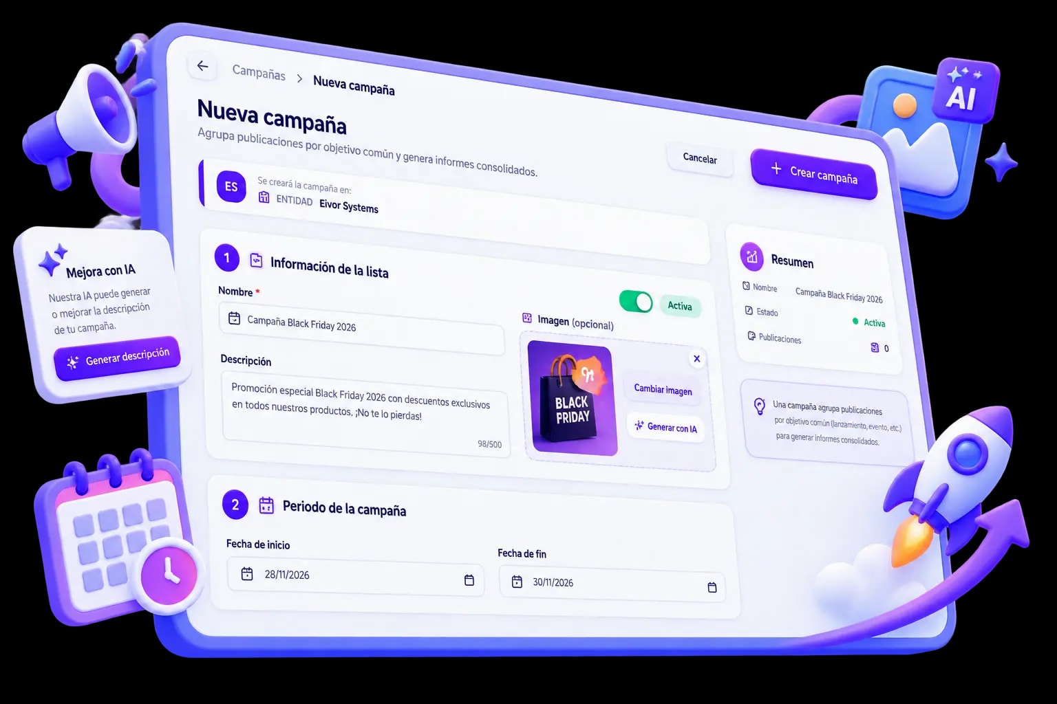 Formulario de información y periodo de una campaña en MKG Suite