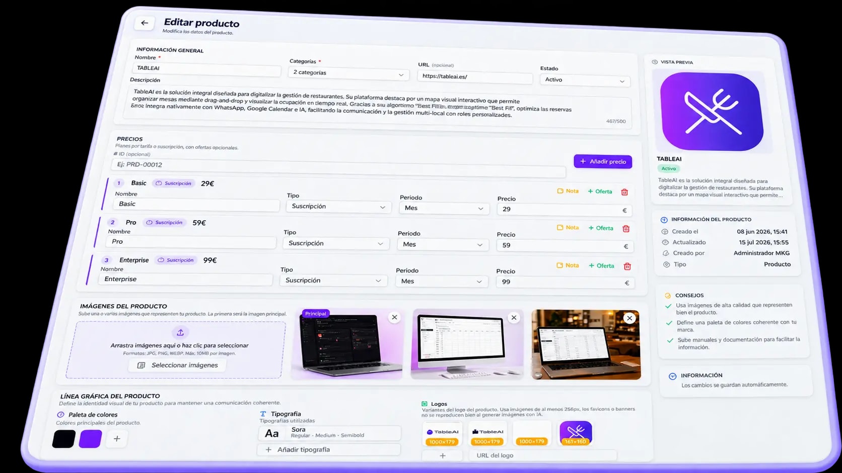 Ficha de producto del catálogo de MKG Suite con precio, imágenes y branding propio
