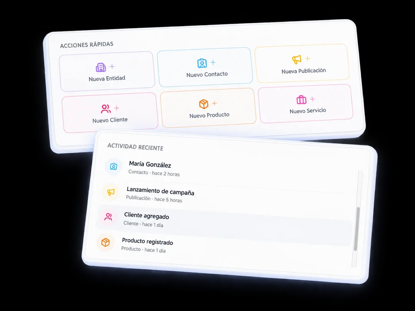 Widgets de Acciones Rápidas y Actividad Reciente en el dashboard de MKG Suite
