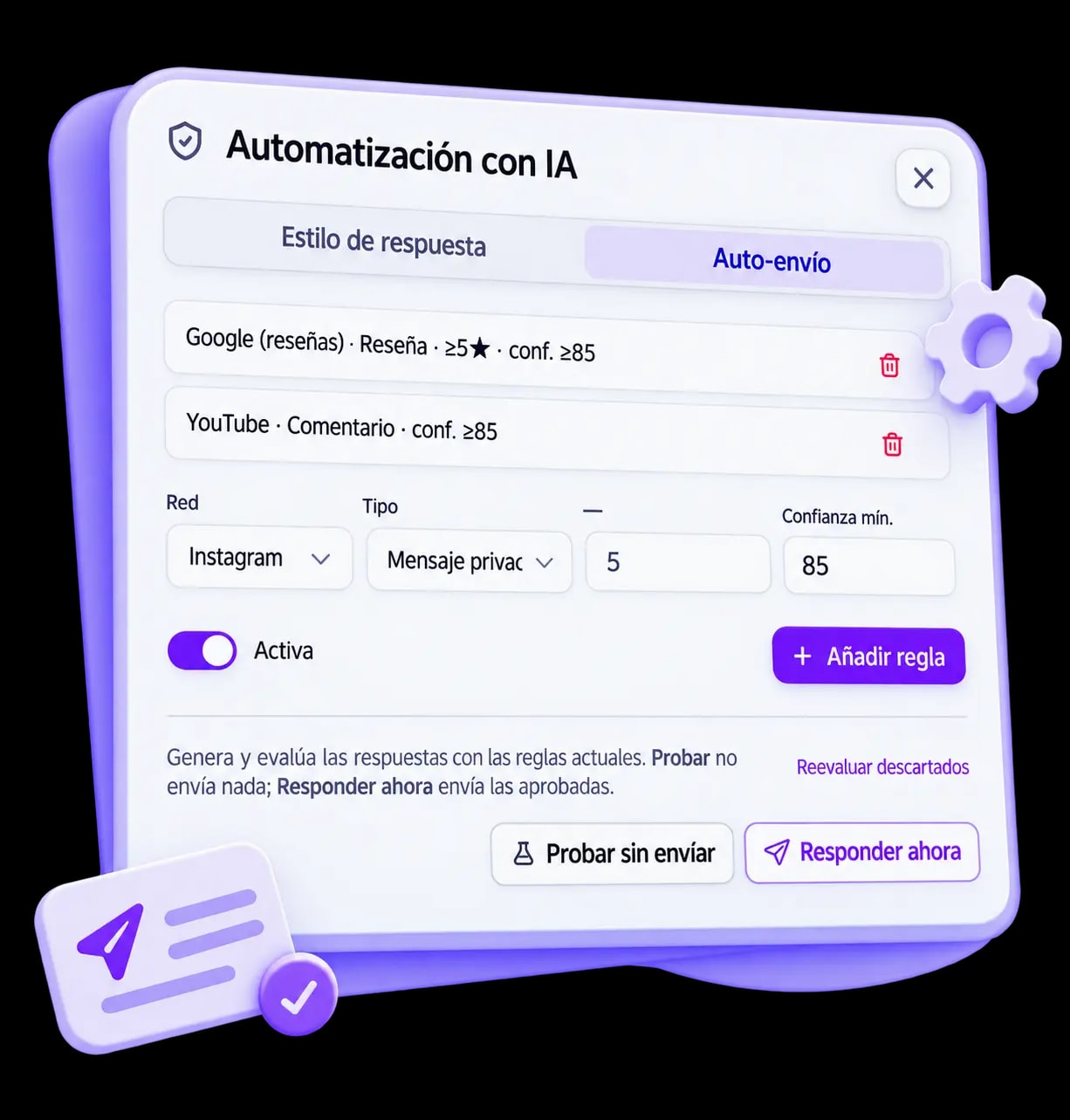 Reglas de automatización de respuestas del Inbox de MKG Suite en modo de prueba