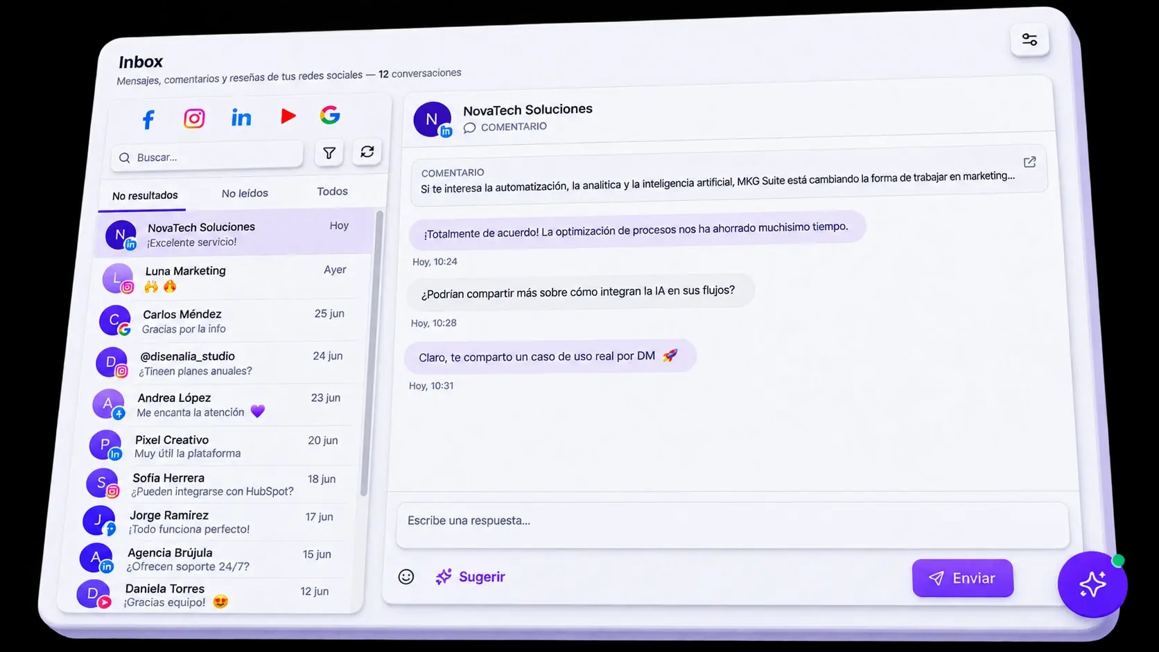 Bandeja unificada de Inbox en MKG Suite con mensajes, comentarios y reseñas de varias redes sociales