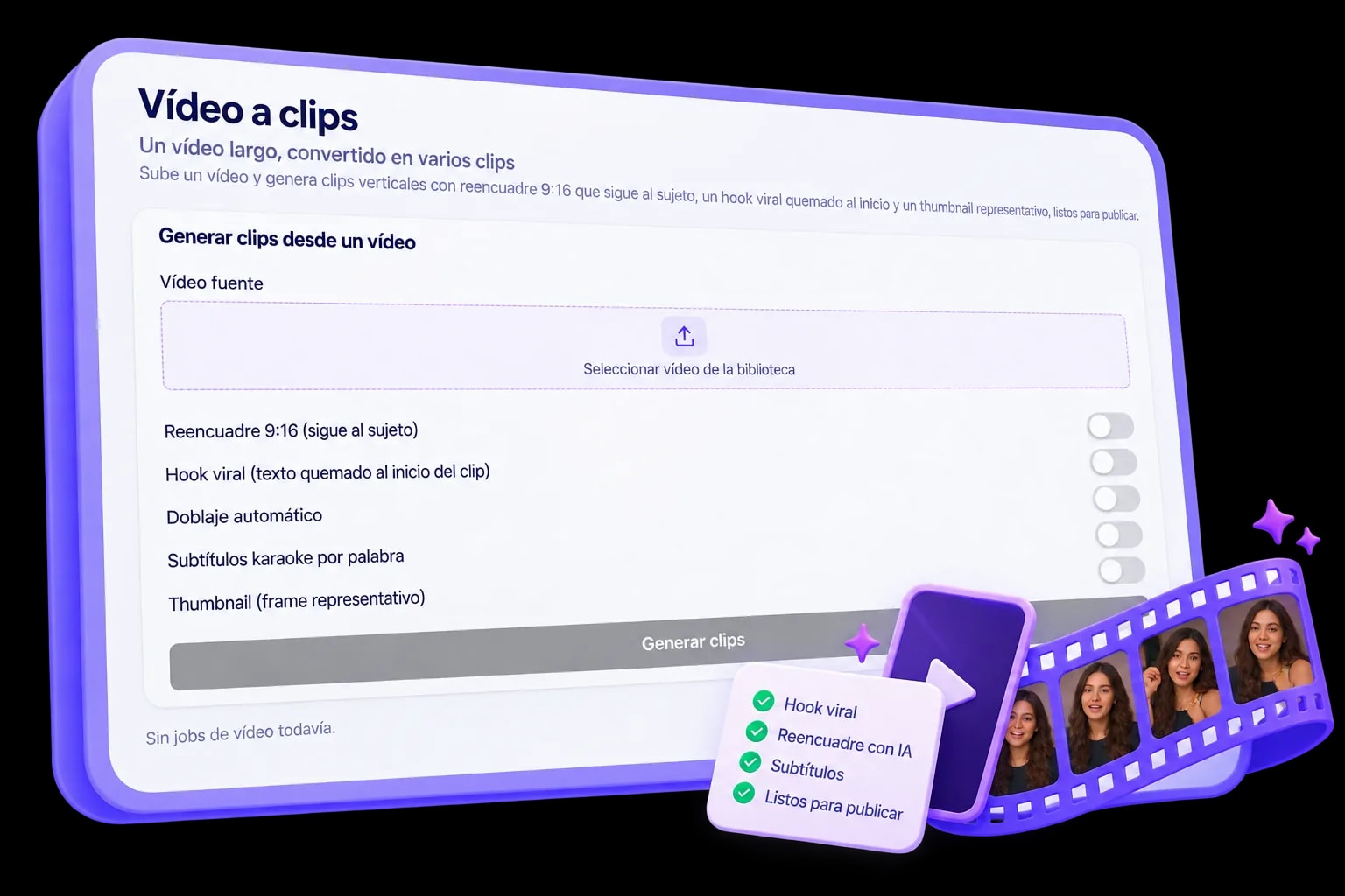 Configuración de reencuadre y hook viral en Vídeo a clips de MKG Suite