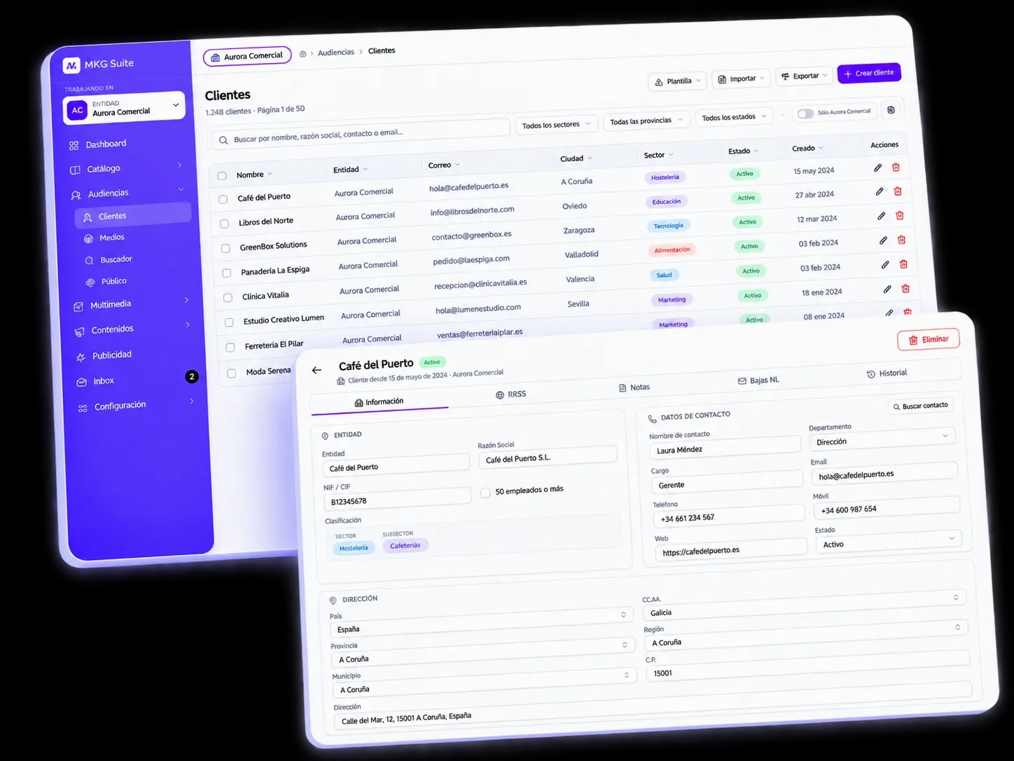 Listado de clientes de MKG Suite con filtros por sector, provincia y estado