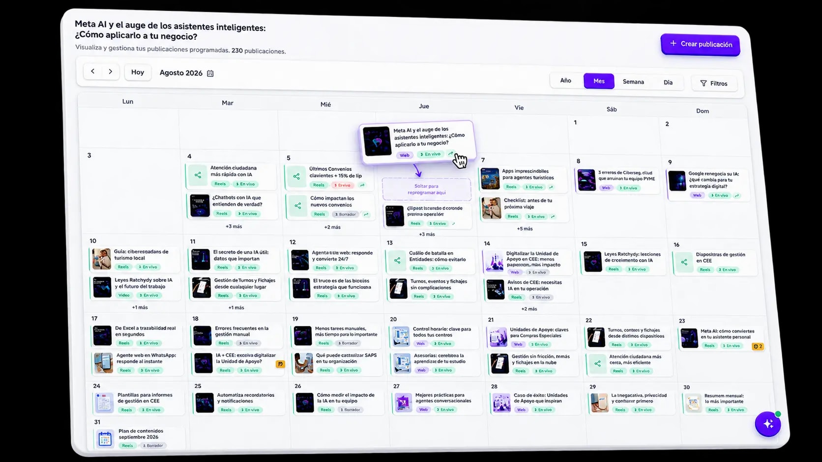 Calendario de contenido de MKG Suite con vistas de mes, semana y día
