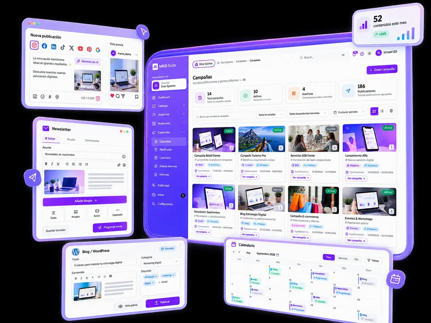 Planificador de contenido de MKG Suite con publicaciones de redes sociales, newsletter y web en un mismo calendario