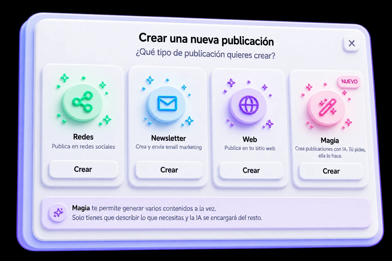 Selector de tipo de publicación del planificador de MKG Suite con las opciones Redes, Newsletter, Web y Magia