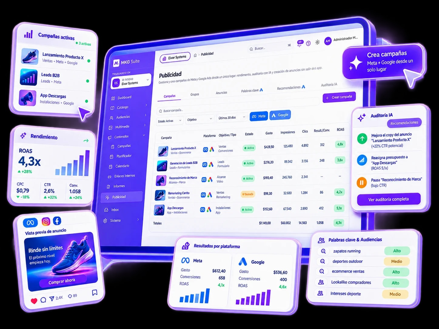 Hub de Publicidad de MKG Suite con pestañas de campañas, anuncios y auditoría IA de Meta Ads y Google Ads