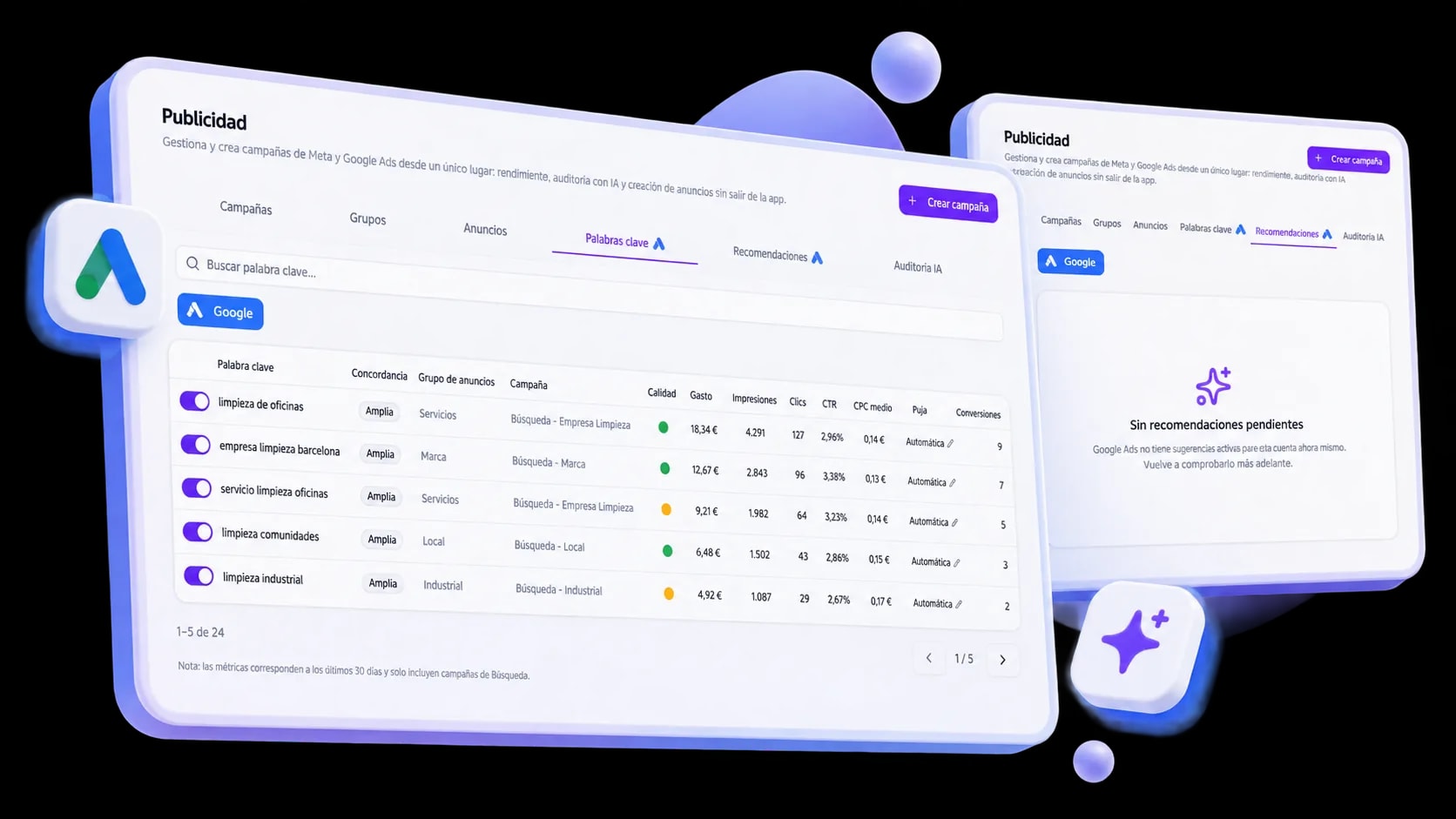 Pestañas de Palabras clave y Recomendaciones del hub de Publicidad de MKG Suite con sugerencias de Google Ads
