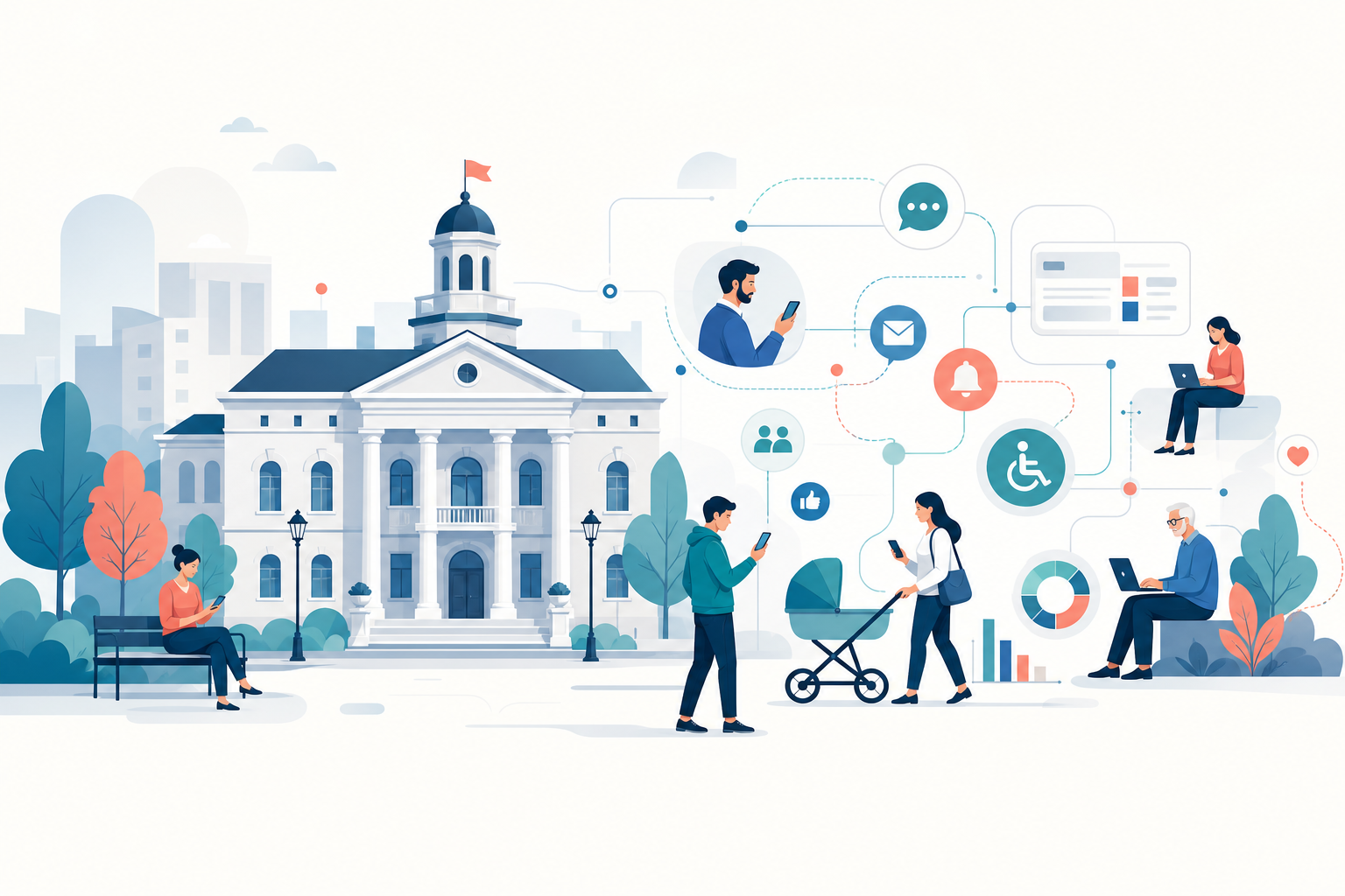 Profesional de administración pública trabajando en estrategia de comunicación digital en ordenador portátil