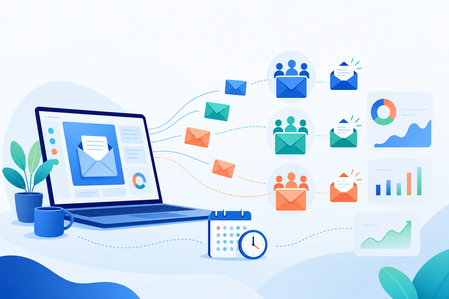 Pantalla de ordenador mostrando campaña de email marketing con gráficos de tasa de apertura y segmentación de contactos